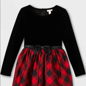 Cat and Jack toddler red and black velvet Buffalo plaid dress